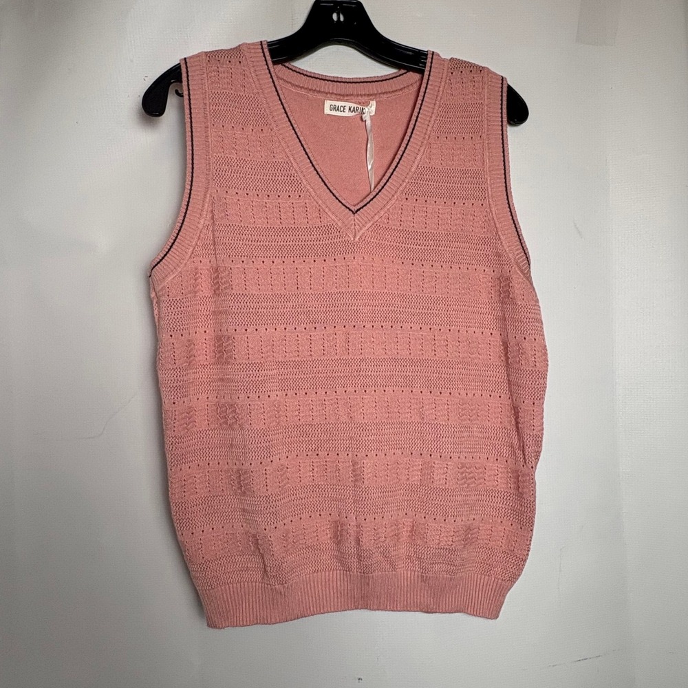 Grace Karin Women Pink‎ Pointelle Knit V-Neck Sweater Vest XL NWT Preppy Trim